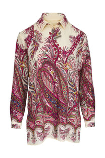 Etro women’s long-sleeved silk blouse with vibrant paisley floral print in magenta burgundy green and gold on off-white