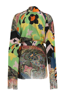 Etro women’s long-sleeved cardigan with neon floral paisley patchwork and fringed hemlines in vibrant multicolor