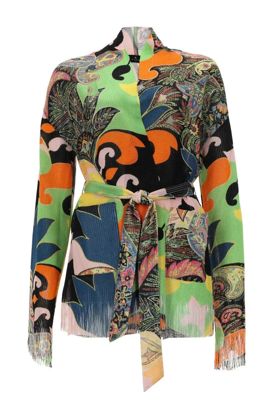 Etro women’s cardigan con frange multicolor wrap coat with neon paisley floral print and fringed cuffs and hem