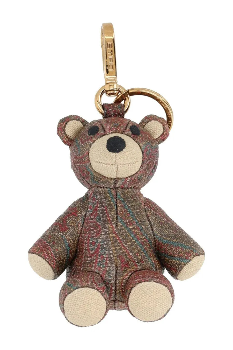 Etro women’s charm arnica bear brown keychain with multicolored paisley fabric and beige face and paws accents