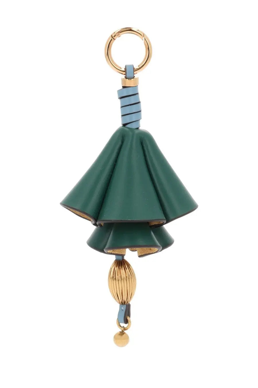 Etro women’s charm green leather umbrella-shaped keychain with gold-tone accents and blue striped strap
