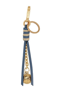 Etro women’s charm leather keychain in blue and beige stripes with gold-tone metal chain clasp and embossed medallion