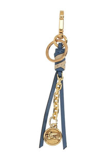 Blue leather keychain with gold-tone hardware and estée lauder logo medallion in etro women’s charm multicolor collection