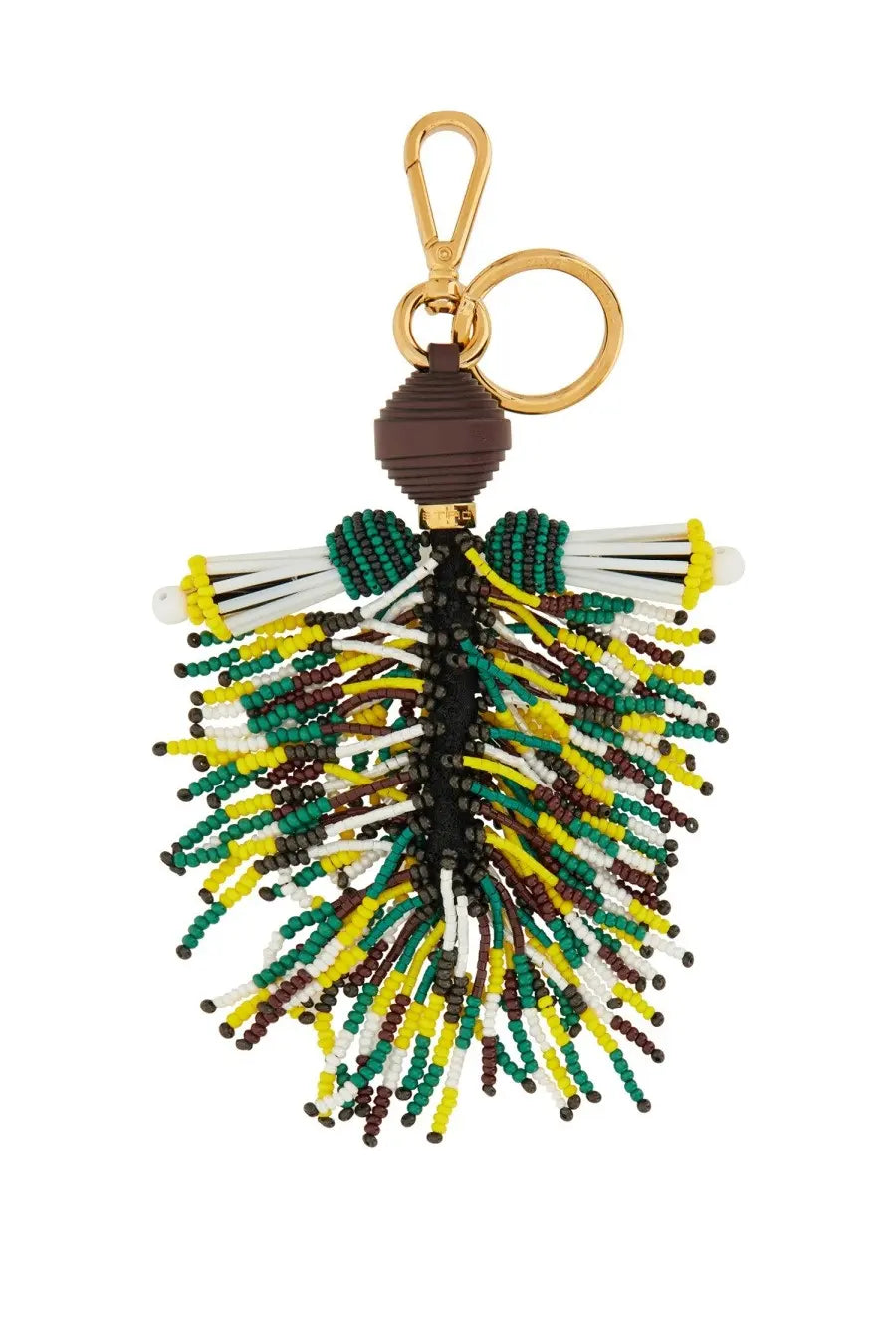 Etro women’s charm multicolor vibrant beaded keychain with feather design in green yellow white and brown beads