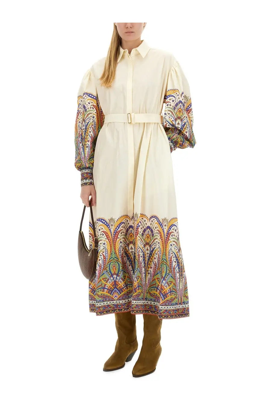 Etro women’s chemisier cream-colored midi dress with intricate gold purple and blue paisley pattern on sleeves and hemline