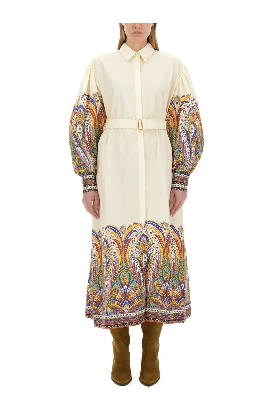 Etro women chemisier cream-colored midi dress with long puffed sleeves and vibrant paisley pattern accents