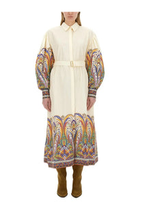 Etro women chemisier cream-colored midi dress with long puffed sleeves and vibrant paisley pattern accents