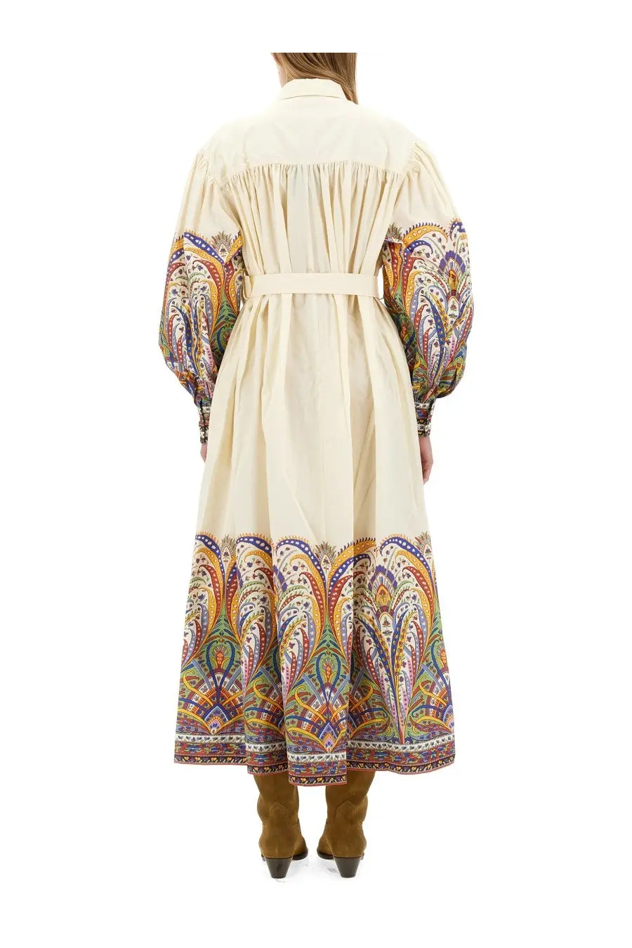 Etro women’s chemisier dress white cream midi with long puffed sleeves and vibrant paisley pattern on cuffs and hem