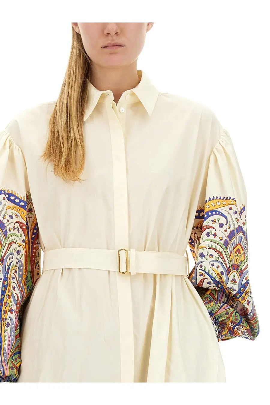 Etro women’s chemisier dress white cream shirt dress with vibrant paisley sleeves and gold buckle belt