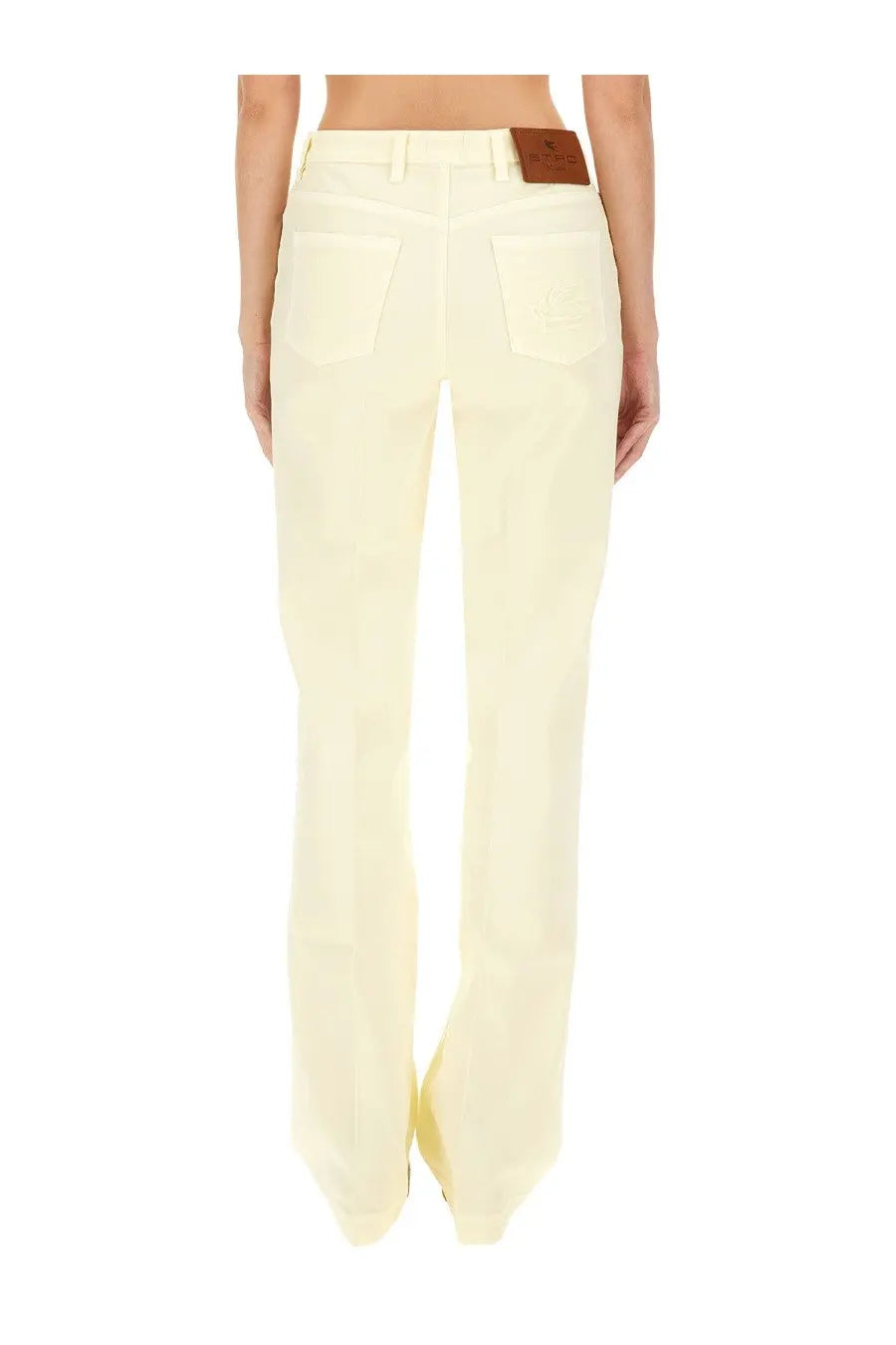 Cream-colored wide-leg cotton denim pants with brown leather patch at waistband by ETRO womens white back side