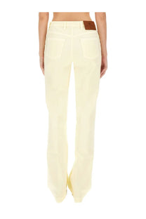 Cream-colored wide-leg cotton denim pants with brown leather patch at waistband by ETRO womens white back side