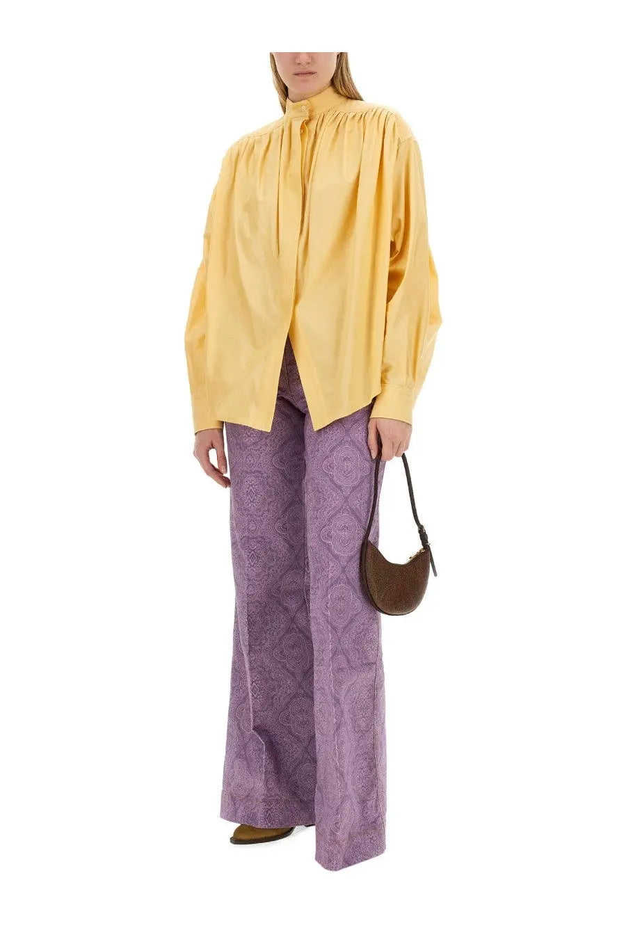 Etro women’s cotton poplin blouse yellow with a mustard-yellow long sleeve high collar and gathered neckline