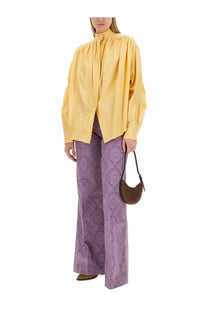 Etro women’s cotton poplin blouse yellow with a mustard-yellow long sleeve high collar and gathered neckline