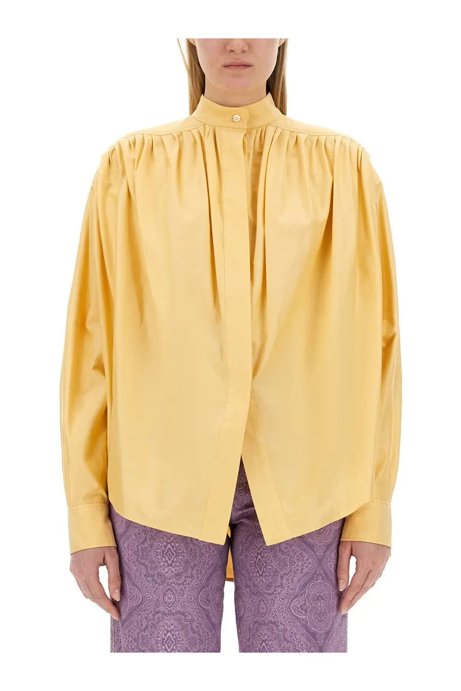 Etro women’s pale yellow cotton poplin blouse with long sleeves high collar and gathered front detailing