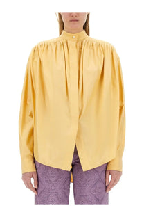 Etro women’s pale yellow cotton poplin blouse with long sleeves high collar and gathered front detailing