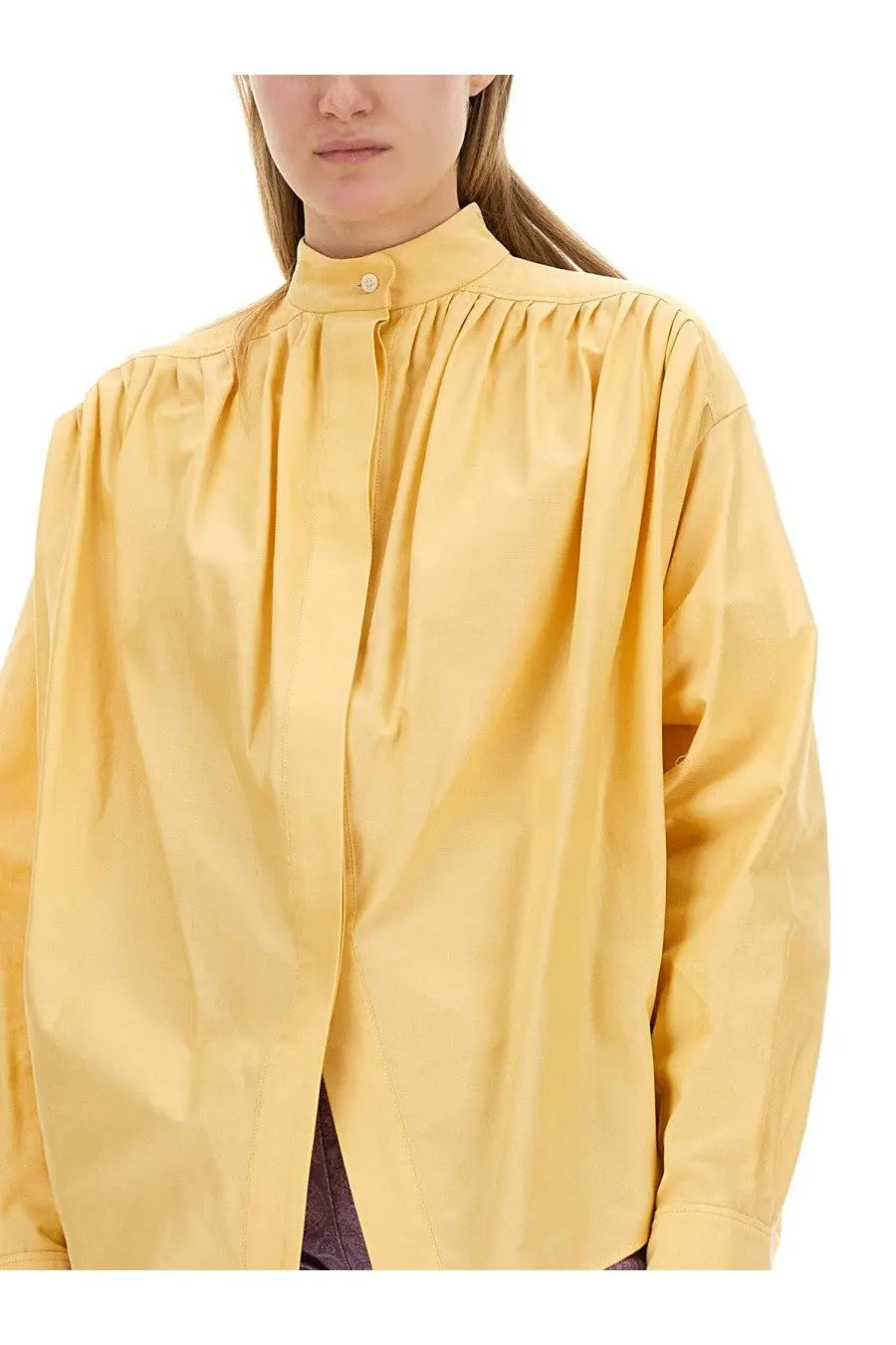 Etro women’s cotton poplin blouse yellow with long sleeves high collar and gathered fabric at the neckline