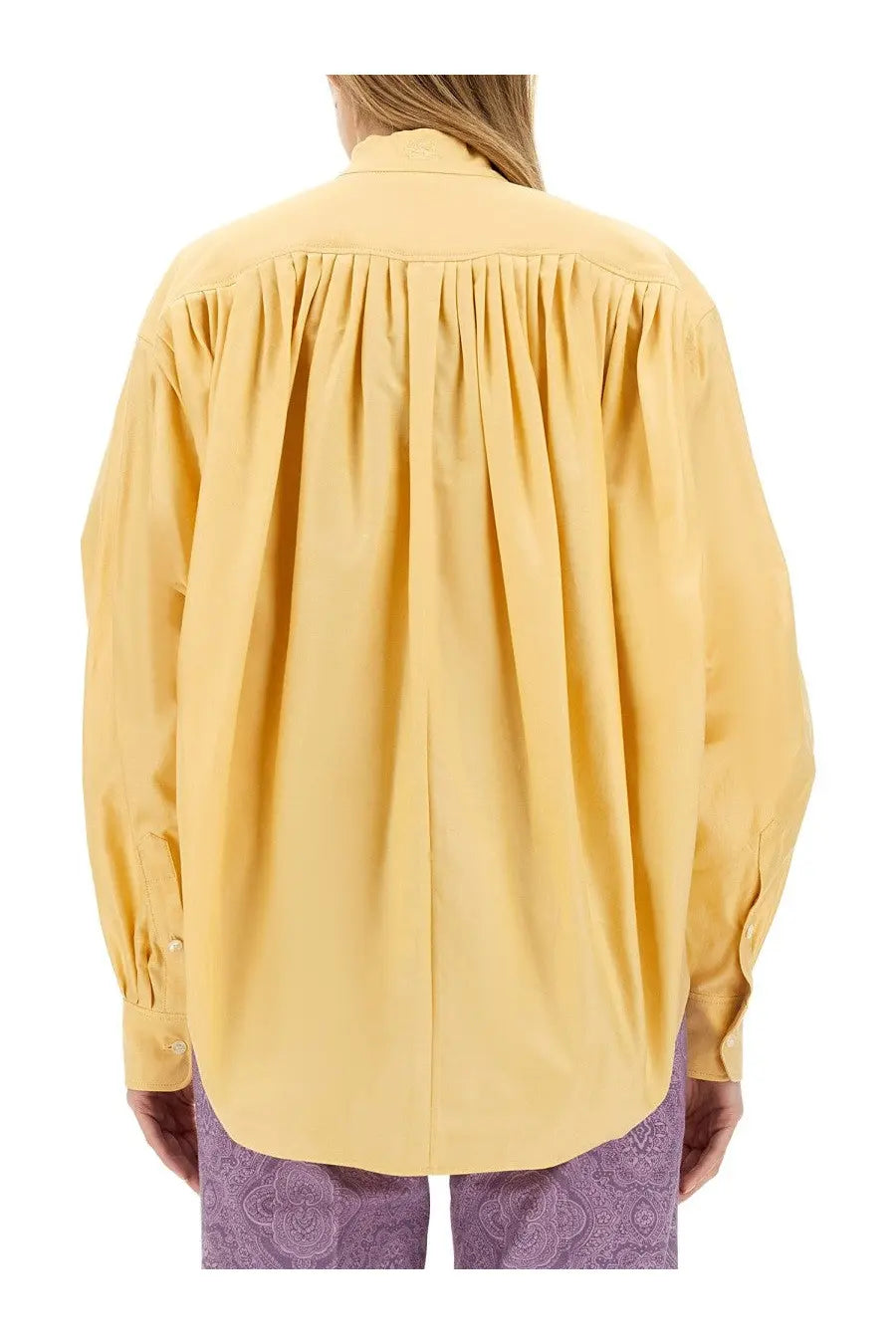 Etro women’s yellow cotton poplin blouse with gathered back and buttoned cuffs shown from the back side