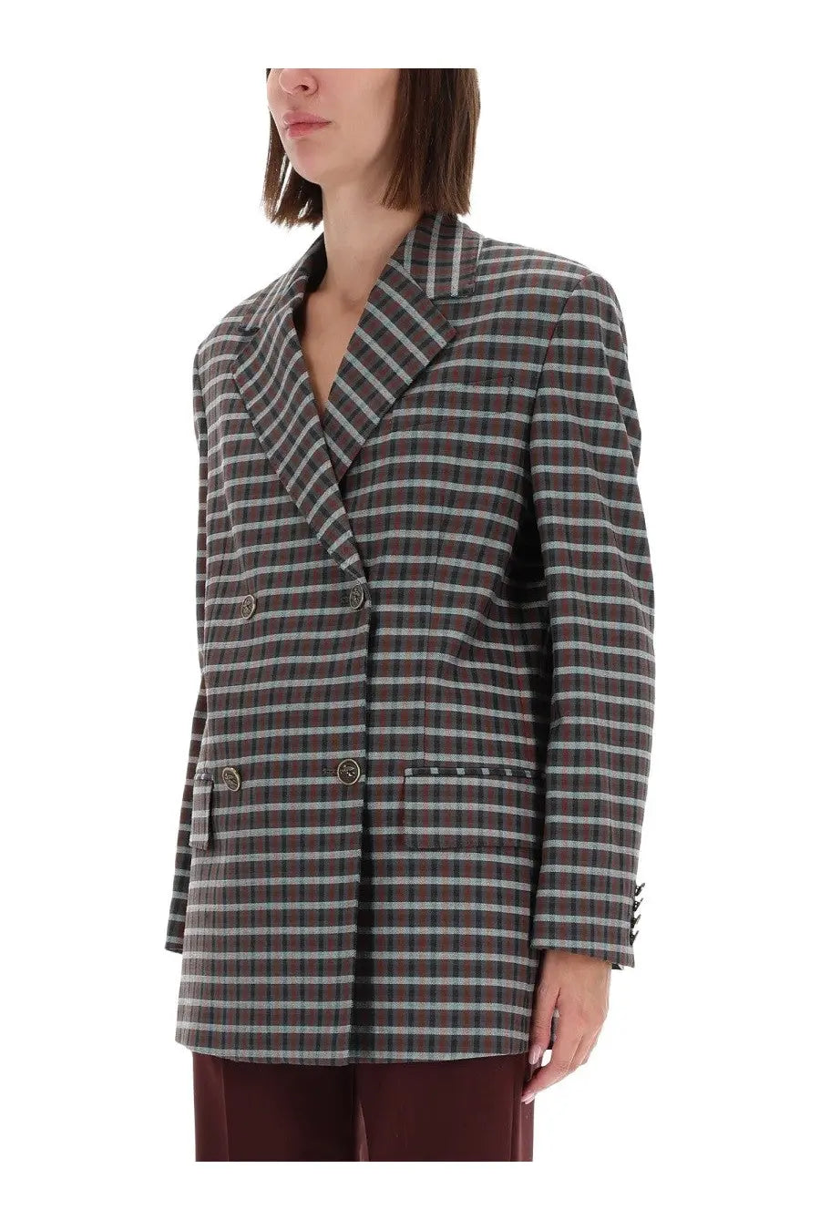 Etro women’s double breasted jacket grey in dark gray and light green plaid with metallic buttons and notched lapels