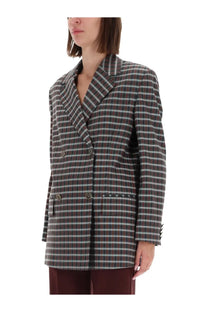 Etro women’s double breasted jacket grey in dark gray and light green plaid with metallic buttons and notched lapels