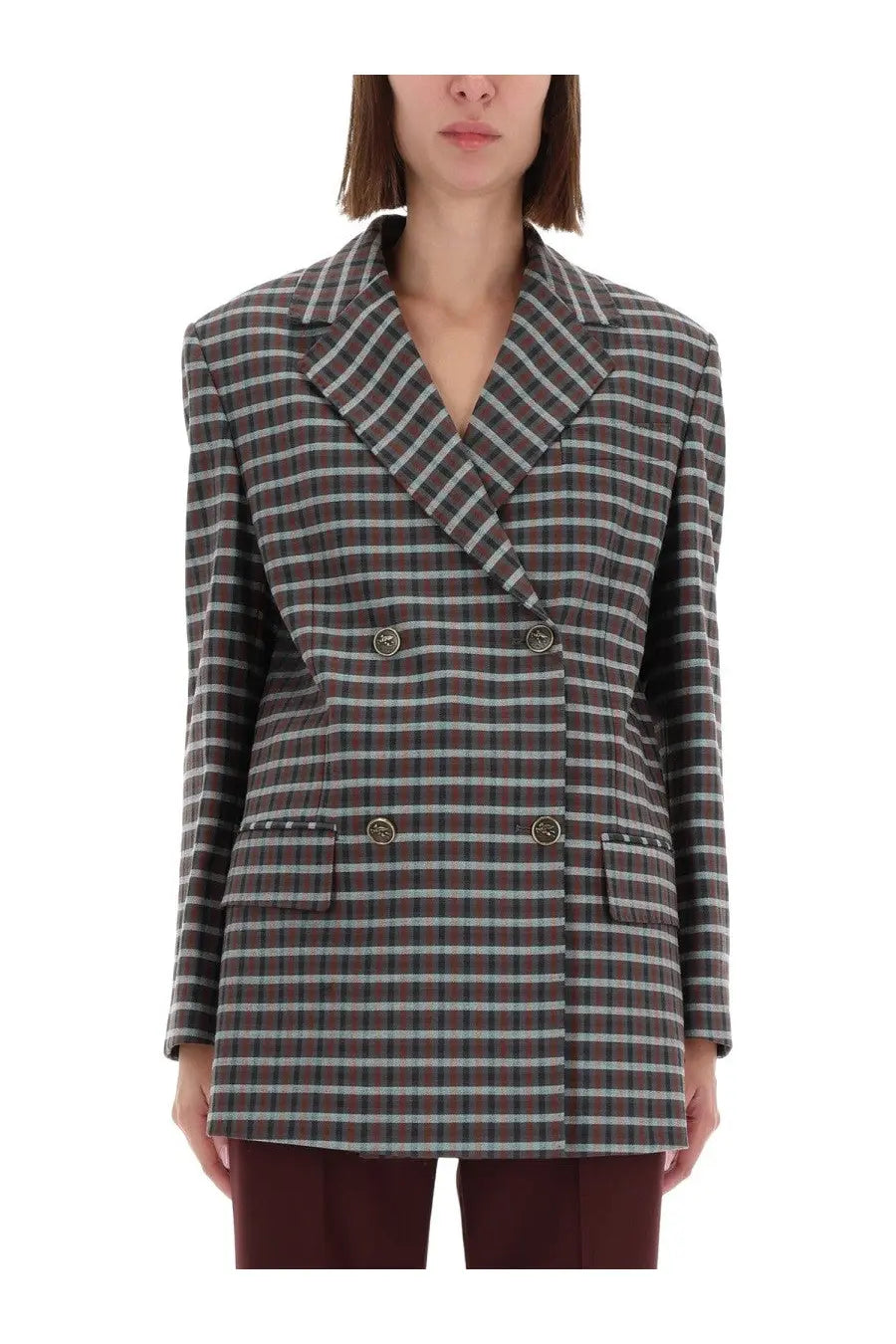 Etro women’s double breasted blazer in dark gray and light green plaid with gold buttons and structured shoulders