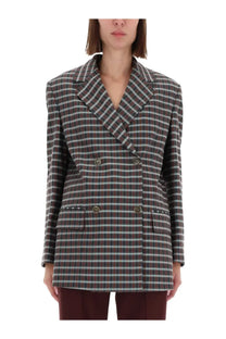 Etro women’s double breasted blazer in dark gray and light green plaid with gold buttons and structured shoulders
