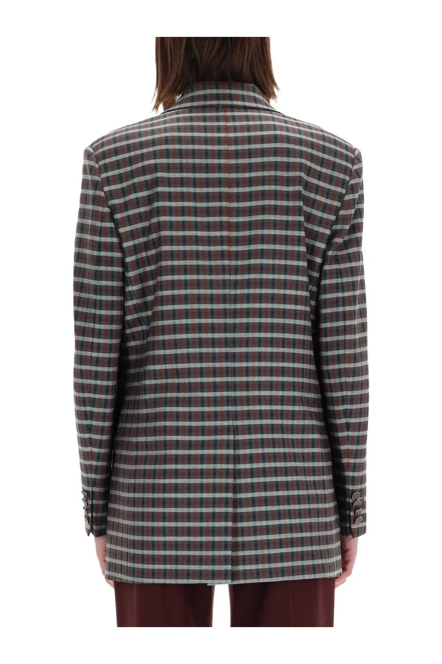 Etro women’s double breasted tailored blazer in classic dark brown green and white plaid pattern