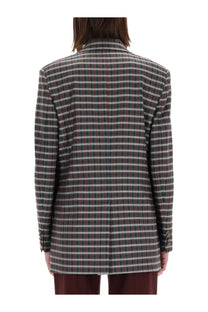 Etro women’s double breasted tailored blazer in classic dark brown green and white plaid pattern
