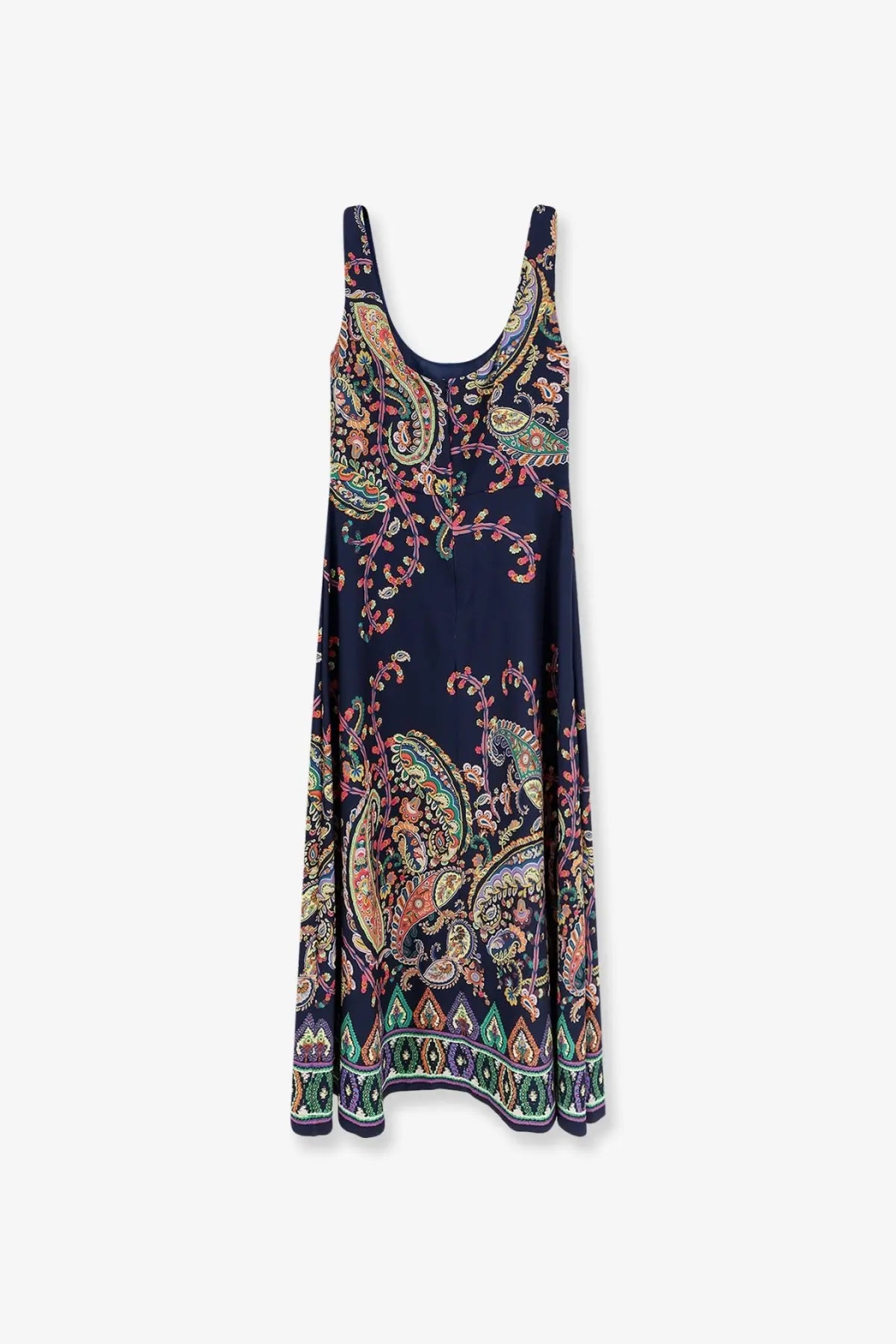 Etro women’s navy blue sleeveless dress with vibrant pink green and gold paisley pattern for elegant wear
