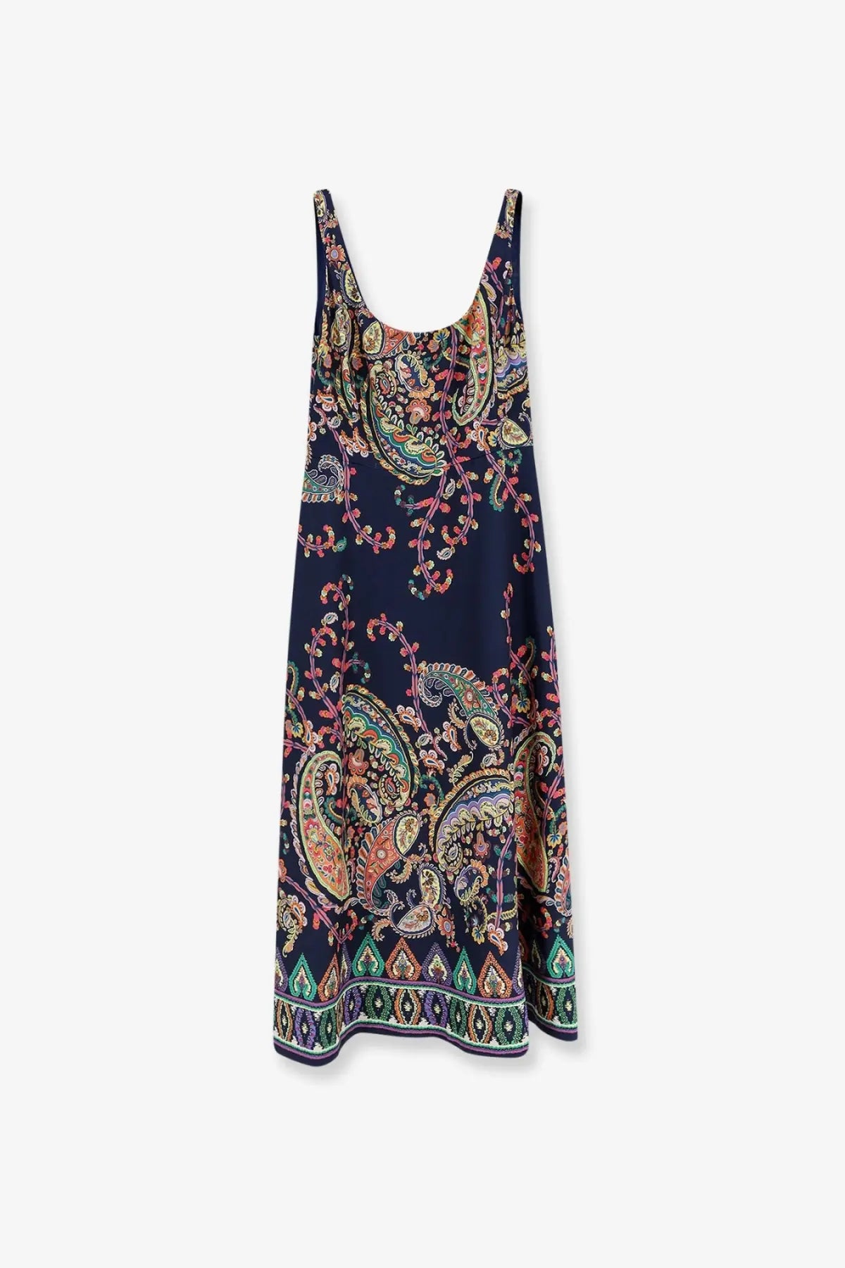 Etro women’s navy blue sleeveless dress with vibrant paisley pattern and ornate geometric gold border at hem