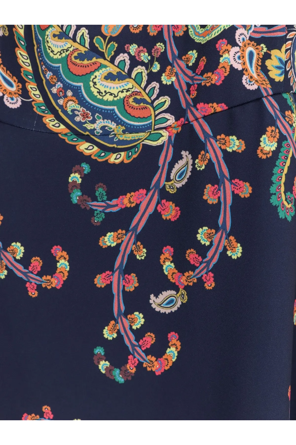 Etro women’s dress gold navy blue with vibrant paisley floral and swirling patterns in green orange pink and teal