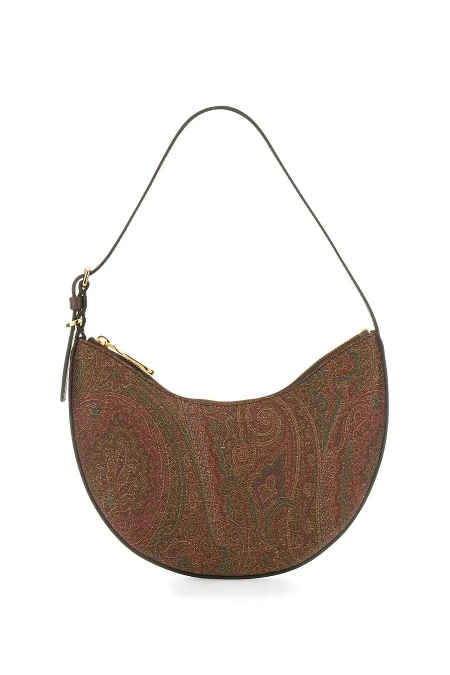 Etro womens essential small hobo bag brown with brown paisley pattern half-moon shape black strap and gold hardware