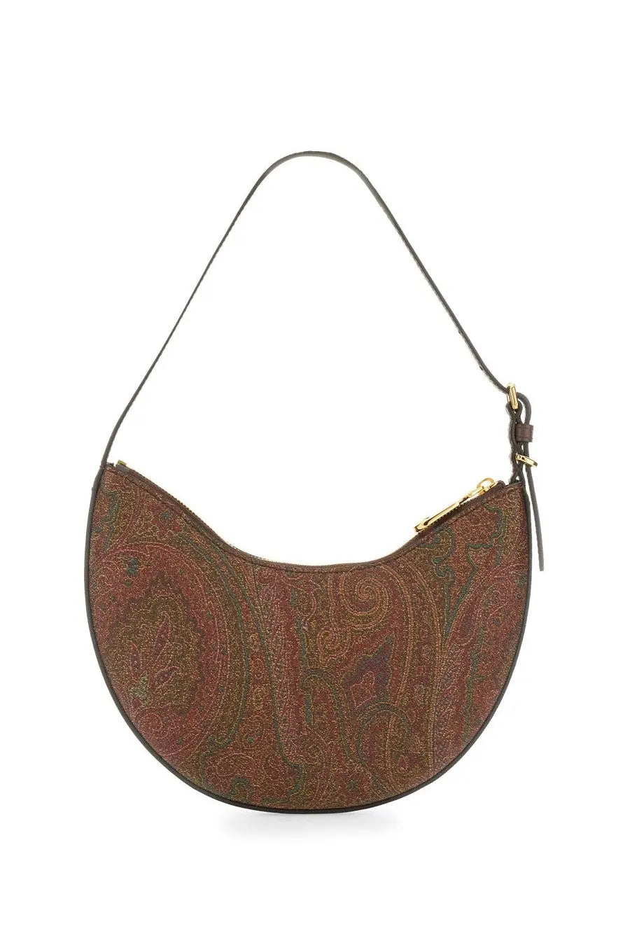 Etro women’s essential small hobo bag brown with brown paisley pattern, half-moon shape, black strap, and gold-tone zipper hardware