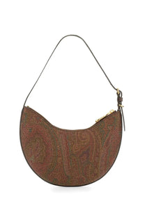 Etro women’s essential small hobo bag brown with brown paisley pattern, half-moon shape, black strap, and gold-tone zipper hardware