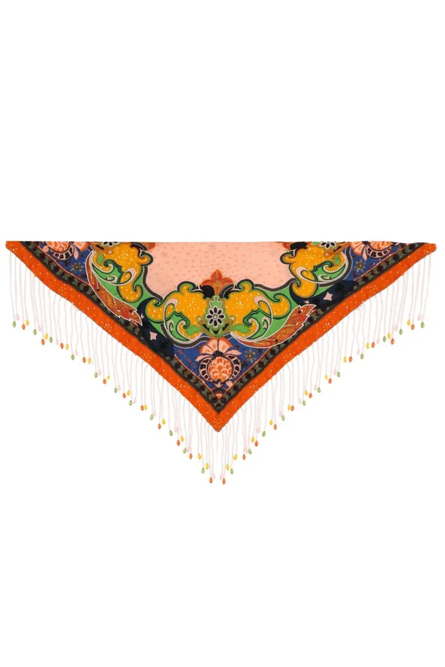 Etro women’s foulard multicolor triangular silk scarf with bold orange border floral patterns and white fringe accents