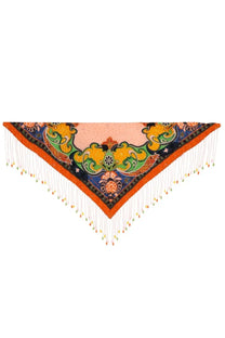 Etro women’s foulard multicolor triangular silk scarf with bold orange border floral patterns and white fringe accents