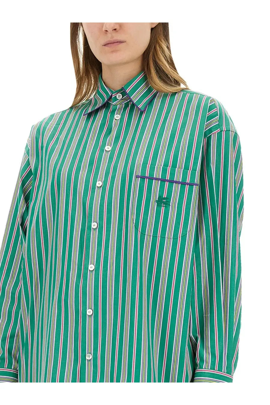 Etro women’s jacquard shirt green with vibrant green and white stripes and subtle purple trim on collar pocket and cuffs