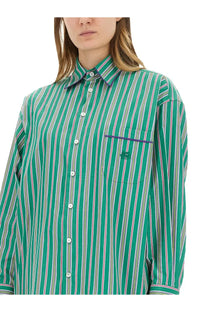 Etro women’s jacquard shirt green with vibrant green and white stripes and subtle purple trim on collar pocket and cuffs