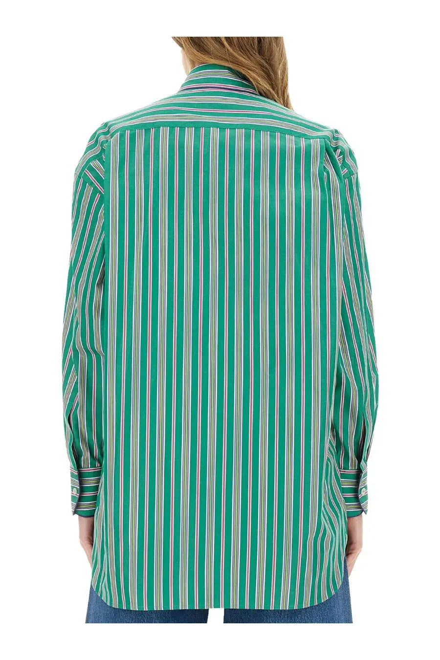 A vibrant green and white vertically striped jacquard long-sleeved button-up shirt with a classic collar by ETRO women