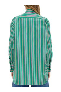 A vibrant green and white vertically striped jacquard long-sleeved button-up shirt with a classic collar by ETRO women