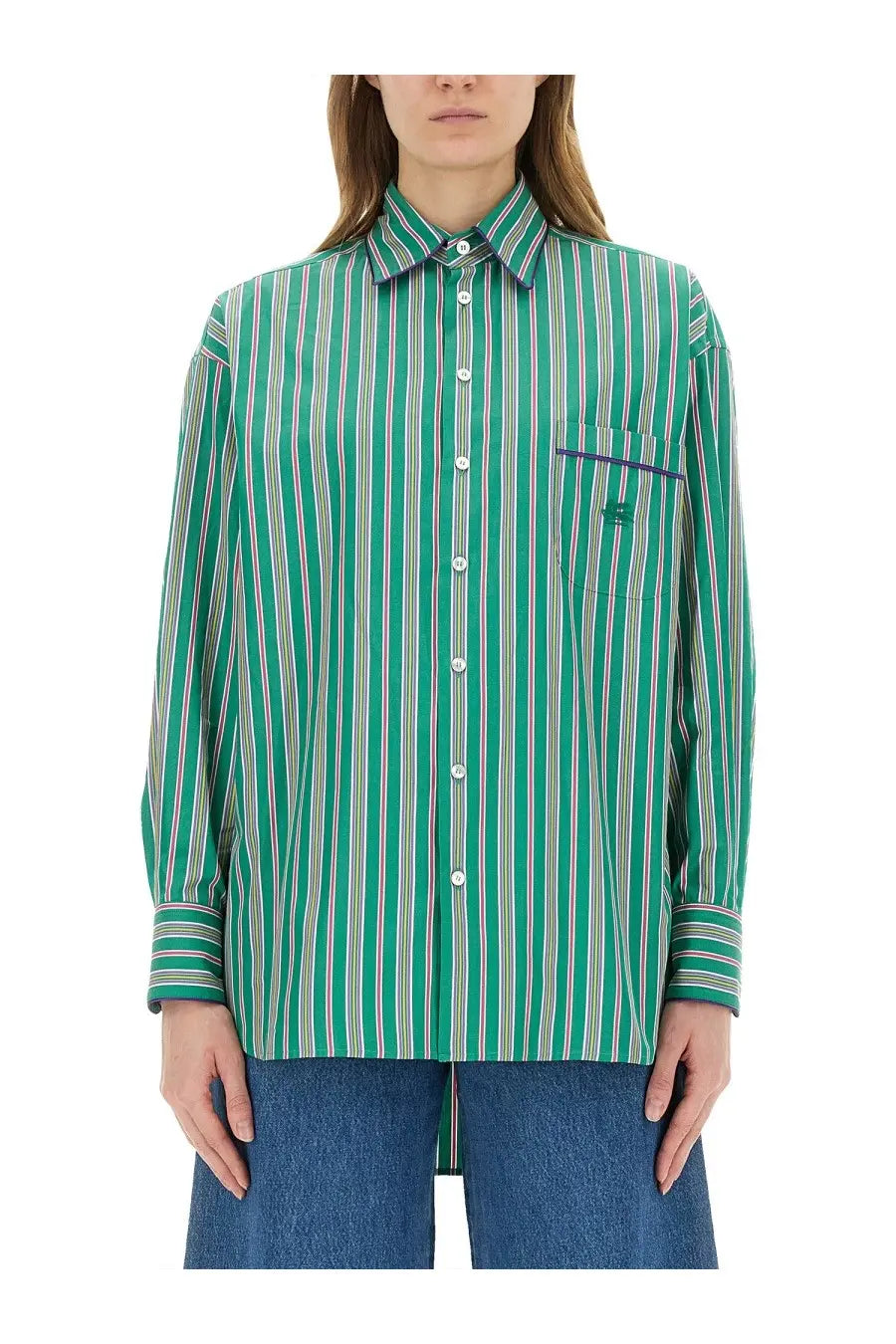 Etro women’s jacquard green and white vertically striped button-down shirt with subtle embroidered chest pocket logo