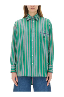 Etro women’s jacquard green and white vertically striped button-down shirt with subtle embroidered chest pocket logo