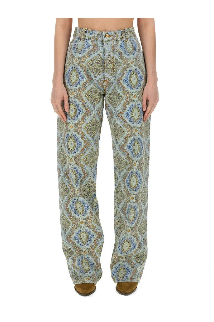 Etro women’s high-waisted denim jeans with bold blue green and beige paisley print pattern