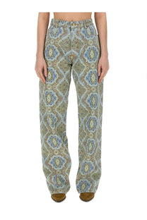 Etro women’s high-waisted denim jeans with bold blue green and beige paisley print pattern
