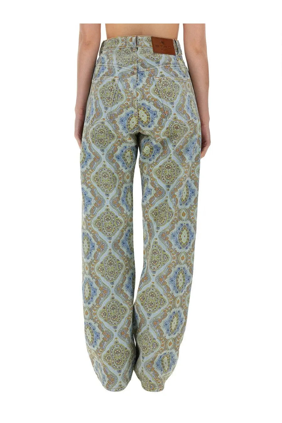 Etro women’s wide-leg denim jeans with intricate blue green and beige paisley pattern