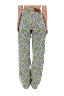 Etro women’s wide-leg denim jeans with intricate blue green and beige paisley pattern