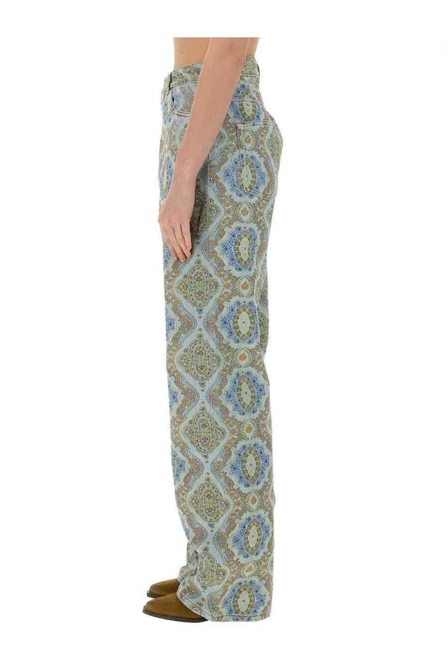Etro women’s wide-leg denim jeans with blue beige and green paisley geometric pattern