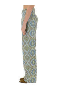 Etro women’s wide-leg denim jeans with blue beige and green paisley geometric pattern