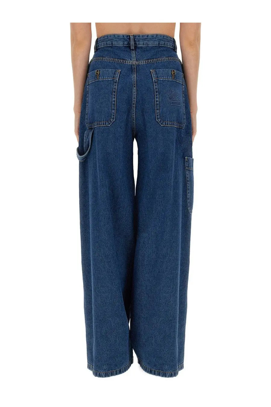 Dark blue denim wide-leg etro women’s jeans shown from the back with two back pockets and a left thigh cargo pocket