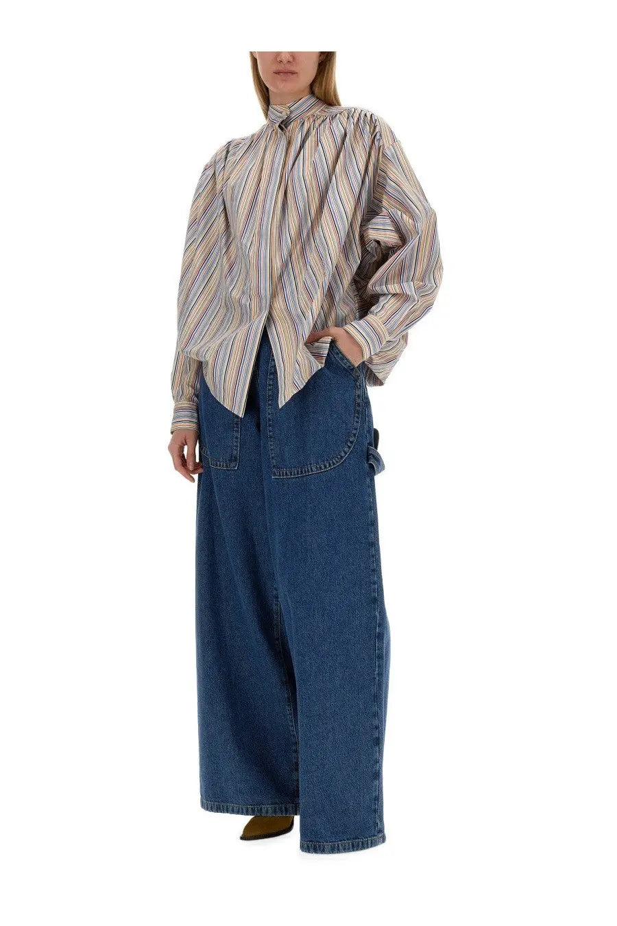 Etro women’s jeans wide leg blue paired with a loose-fitting long-sleeved blouse with vertical beige cream and blue stripes