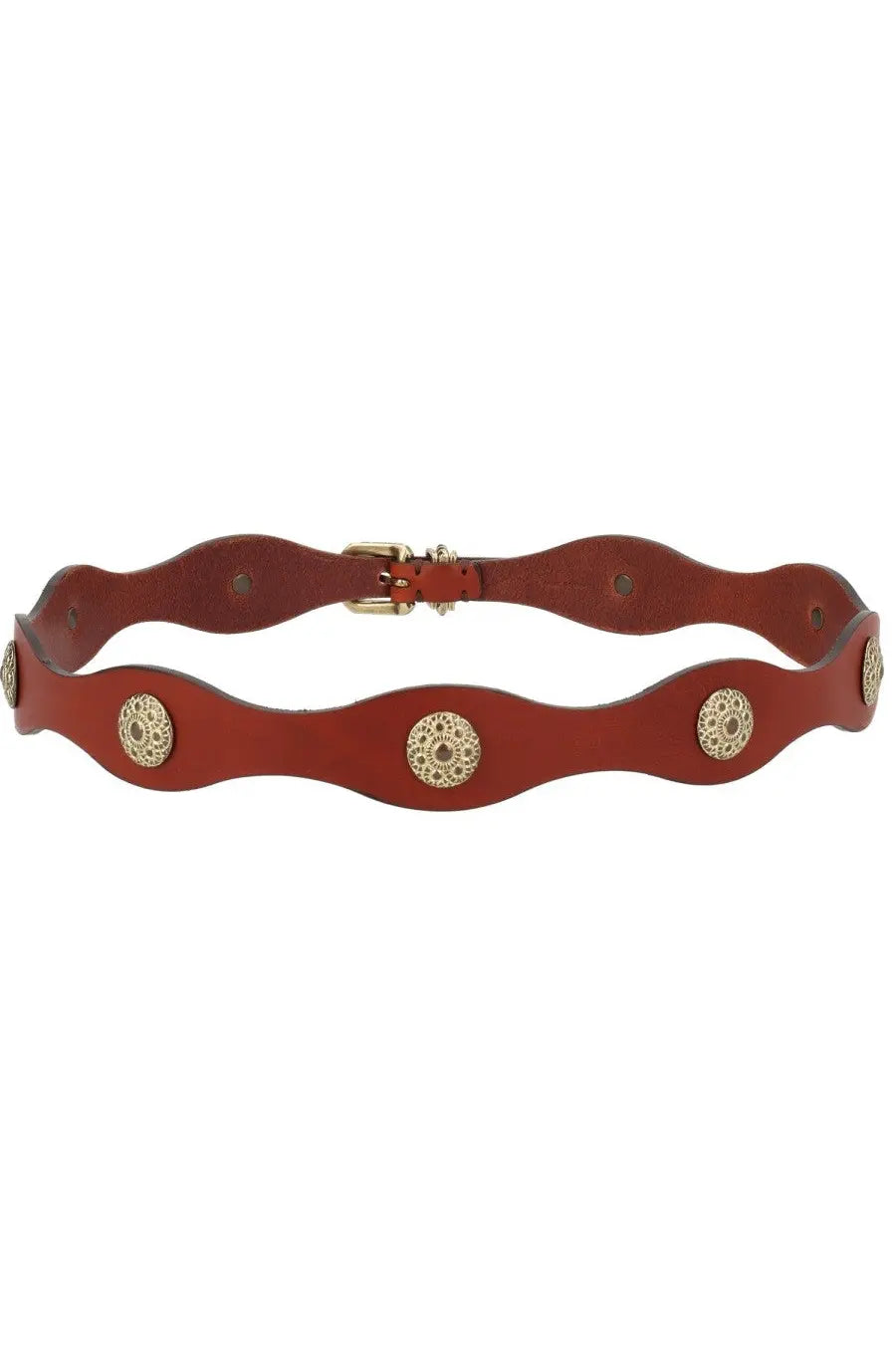 Etro women’s brown leather belt with wavy design and gold-toned circular studs